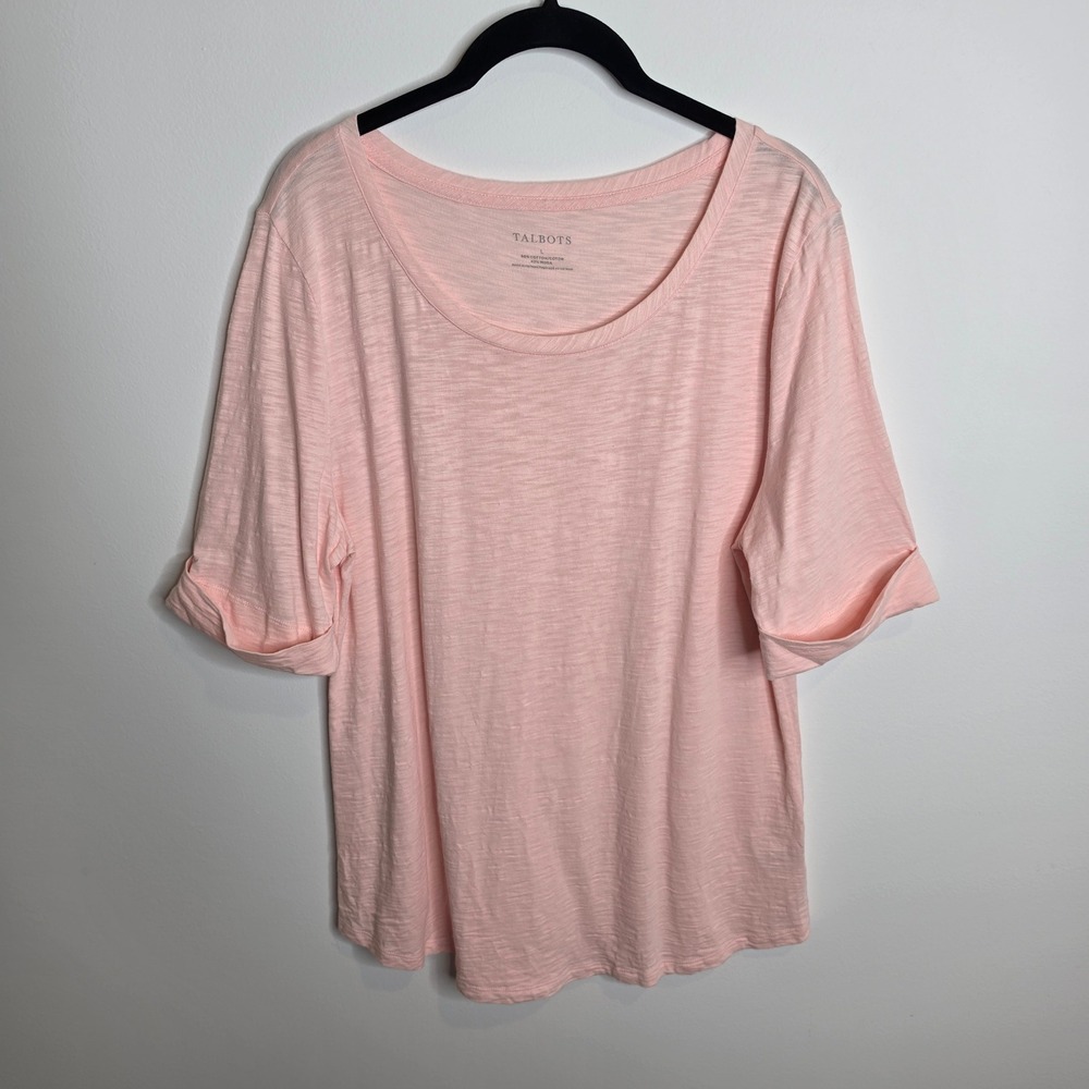 Talbots T-Shirt Womens Large Pink Slub Knit Scoop Neck Short Sleeve Top